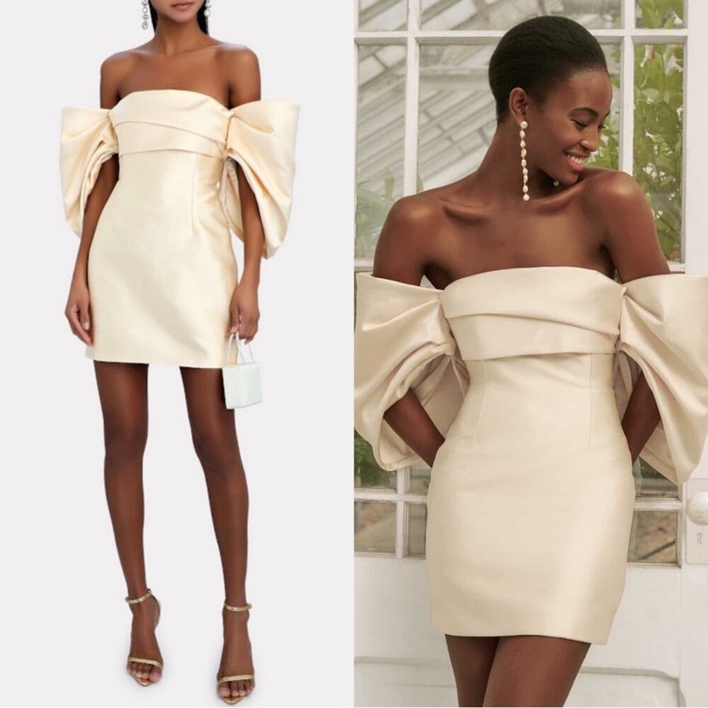 SOLACE LONDON Elina Off the Shoulder Duchesse Satin Ivory Mini Dress Sz 00 XXS